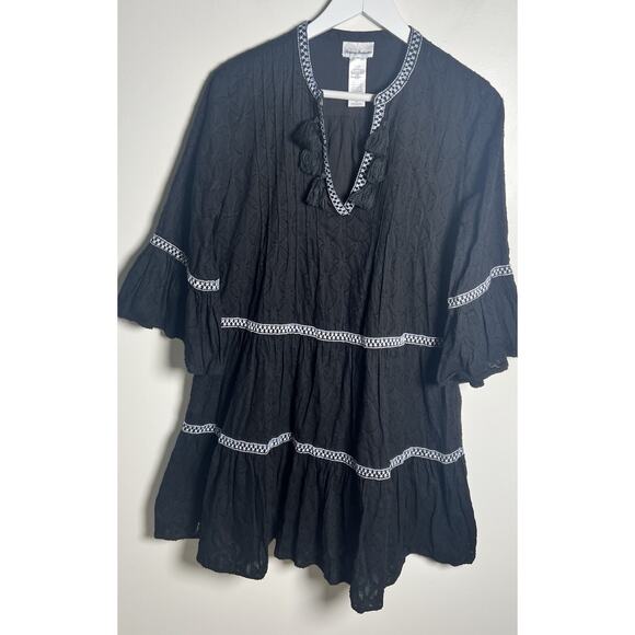 Tommy Bahama Embroidered Tassel Tunic Mini Dress Size Small Black V-Neck Cotton - Picture 2 of 7